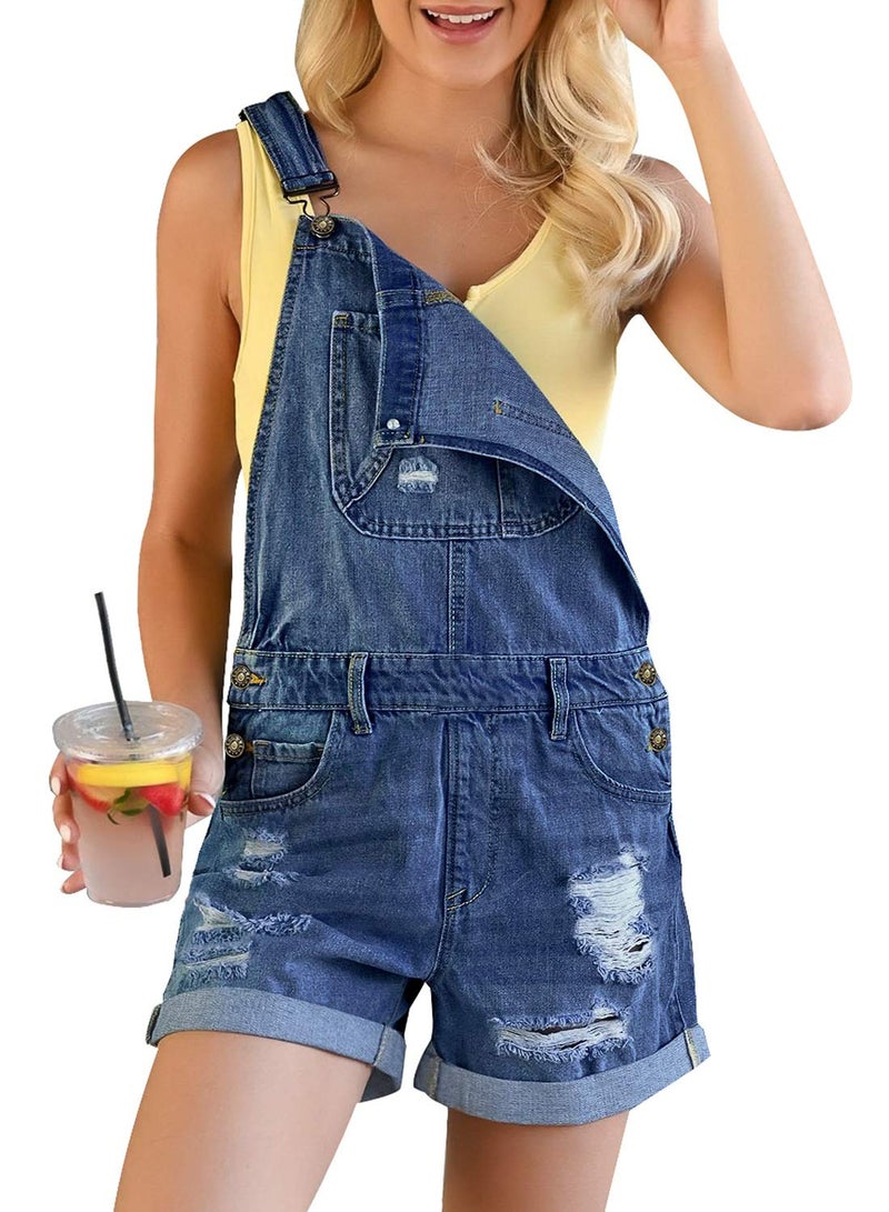 luvamia Women's Ripped Rolled Hem Short Overalls Folded Hem Denim Bib Overall Shorts Casual Rolled Short Overalls Summer Romper for Women Summer Fresh Bright Blue Size X-Large - Image 1